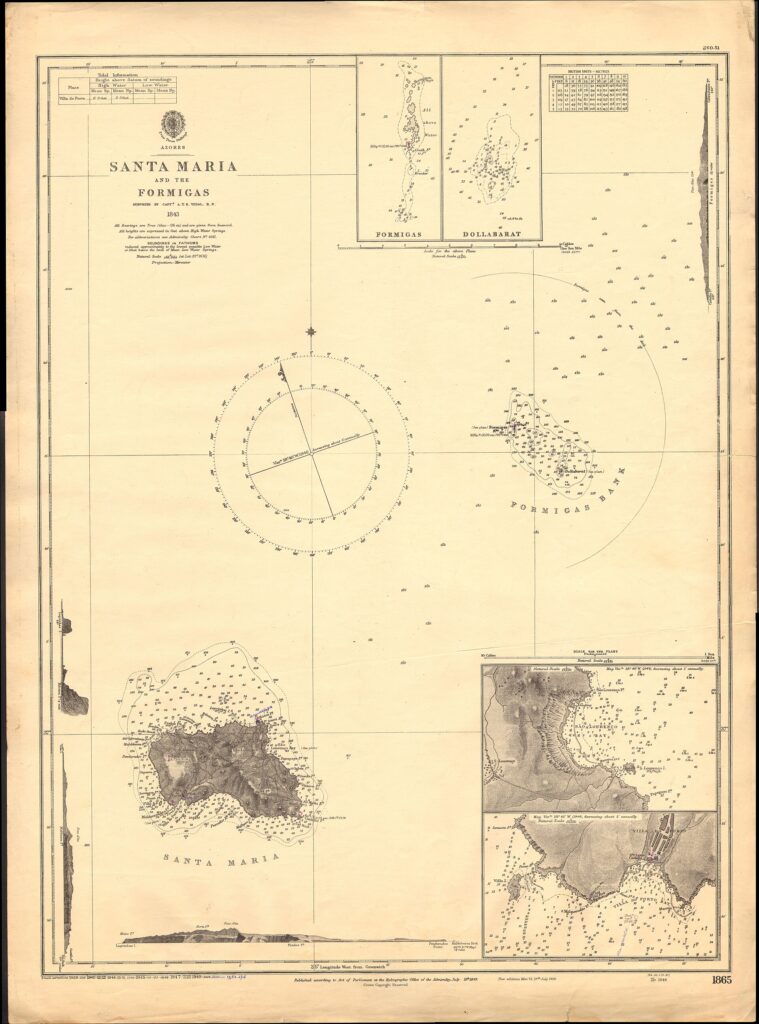 Oude zeekaart op vergeeld papier, met Santa Maria linksonder, de bank van de Formigas en de Dollabarat rechts van het midden vol dieptepeilingen, een windroos in het midden en inzetkaartjes van de eilandjes en de baaien van het eiland