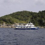 Een blauw-witte liveaboard voor anker voor een van de Similan-eilanden, met grijze granietblokken op de waterlijn onder het bos