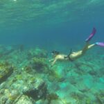 Een vrijduikster met masker en roze vinnen daalt af naar een bodem van rotsen en koraal, onder het rimpelende oppervlak, in turquoise water