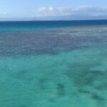 De lagune van bovenaf: turquoise water met donkere koraalblokken, rechts het barrièrerif waar de golven breken en aan de horizon de bergen van Grande Terre