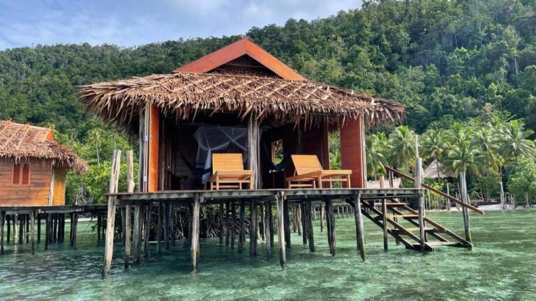 Een bungalow op palen met een dak van palmbladeren, twee ligstoelen en een trap die het water in gaat