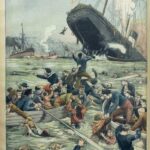 Kleurengravure van de Liban die met opgeheven boeg zinkt, met de Franse driekleur aan de mast, terwijl zeelieden passagiers die in het water zijn gevallen in sloepen hijsen, onder een Franse titel over de ramp met de Liban en de redding van de passagiers.