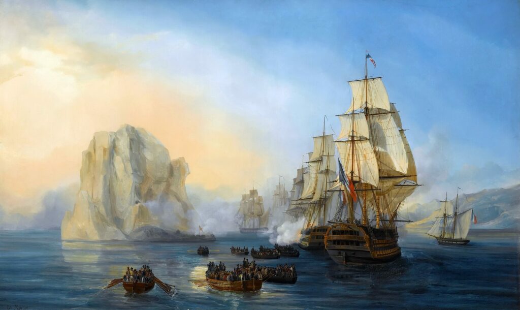 Schilderij van een Frans eskader met alle zeilen bij dat een grote lichte rots beschiet, terwijl sloepen vol soldaten ernaartoe roeien