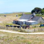 Een lange stenen boerderij met leien daken en aanbouwen van golfplaat, met ervoor een lange rij duikpakken die te drogen hangen op een hek van kastanjehouten latten, midden in een kale heide, met de zee en een vuurtoren in de verte.